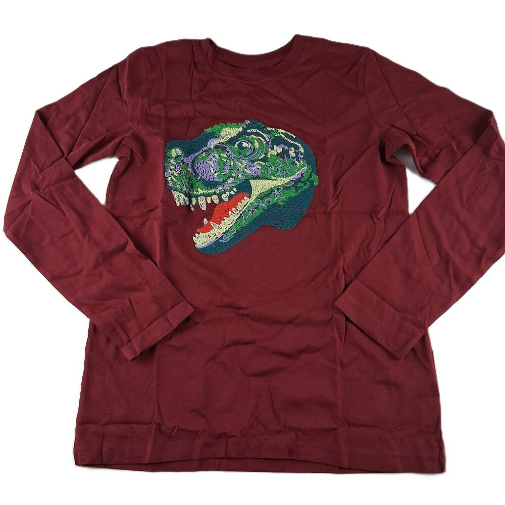 Lands' End T-Rex Embroidery Long Sleeve Tee T-Shirt Kids Size XL Red Crew Neck